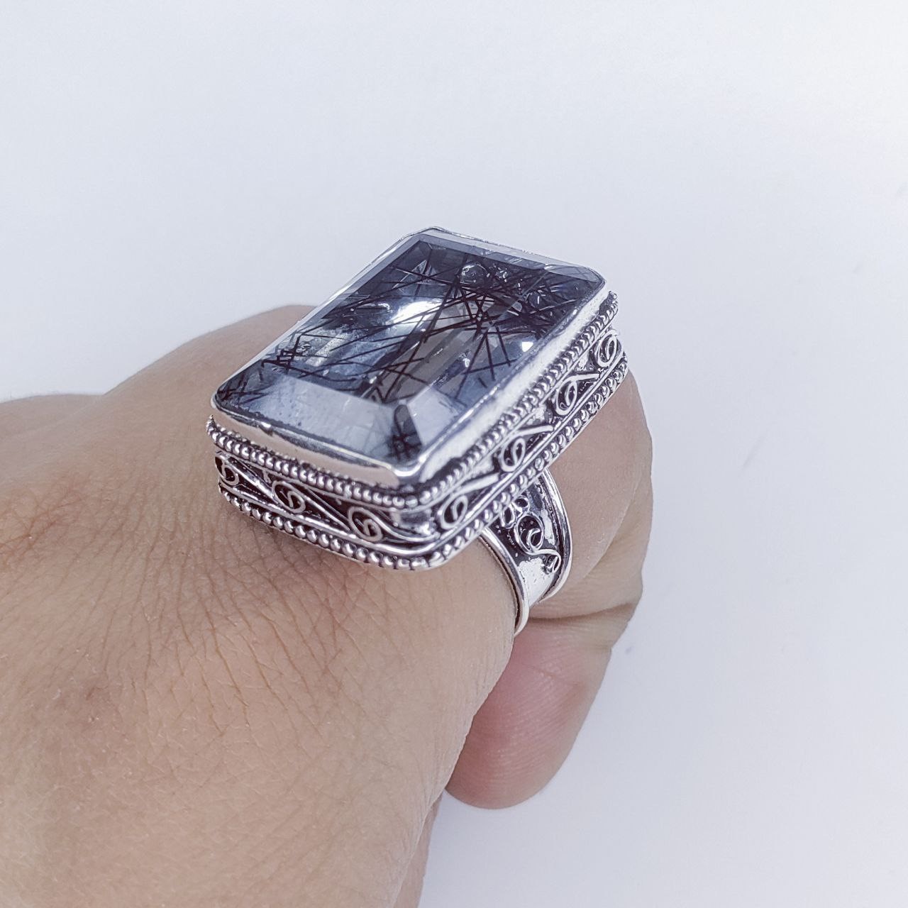 Black Rutialted Quartz Gemstone Handmade 925 Sterling Silver Jewelry Ring