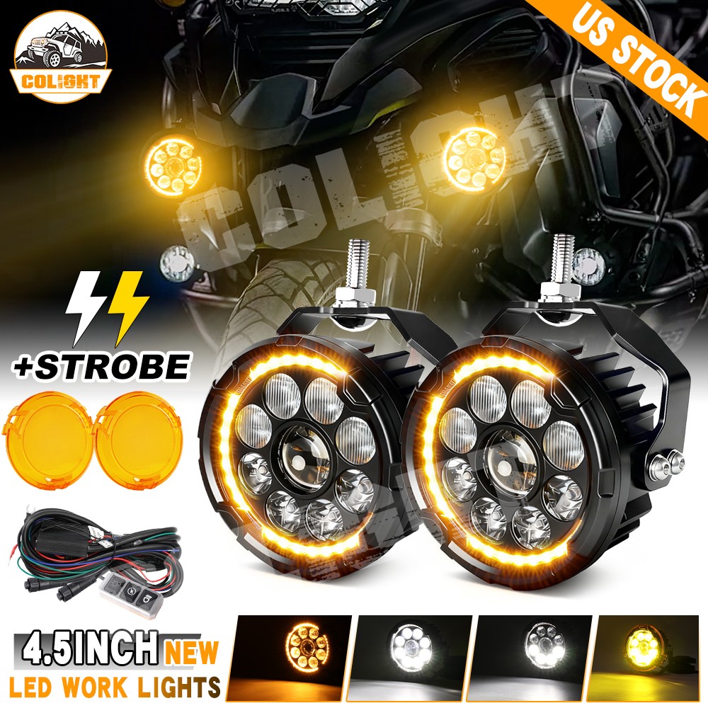Pair Dual Color Motorcycle LED Headlights Auxiliary Spot Lights Driving Fog Lamp