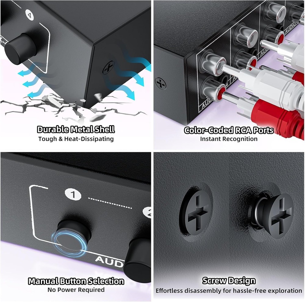 Passive Stereo Audio Switch Box – 4 Inputs and 1 Output, No Power Required