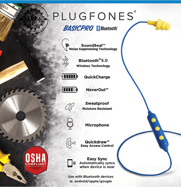 Plugfones Wireless BasicPro Bluetooth, Earplugs, Work Headphones OSHA
