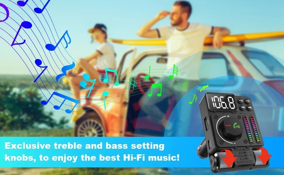 Wireless Bluetooth 5.3 FM Transmitter Radio Adapter USB Ports Car Fast Charger