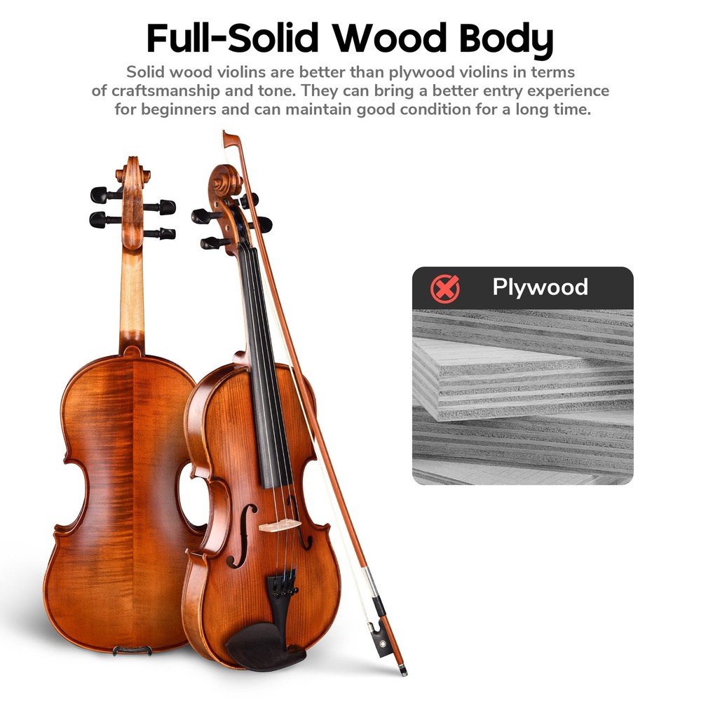Yescom 4/4 Solid Wood Full Size Violin with Case & Bow Shoulder Rest for Student
