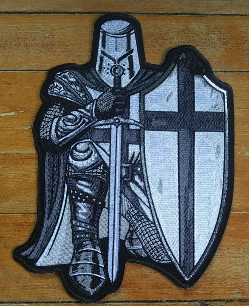 Large Embroidered Back Patch ~ Silver Armor of God Spartan Knight Crusader PATCH