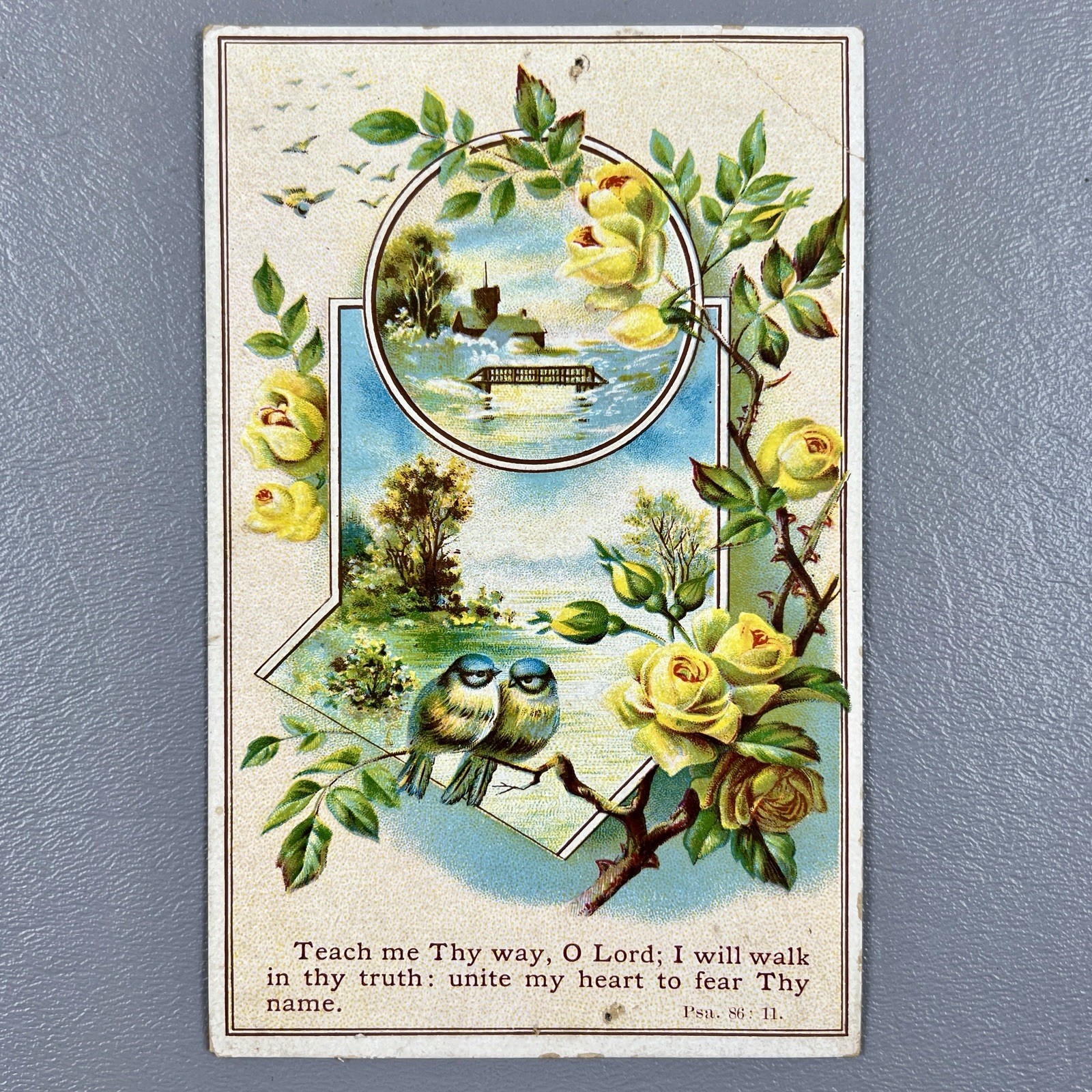 Victorian Trade Card Embossed Bible Verse Psalms 86:11 Birds Roses Cottage