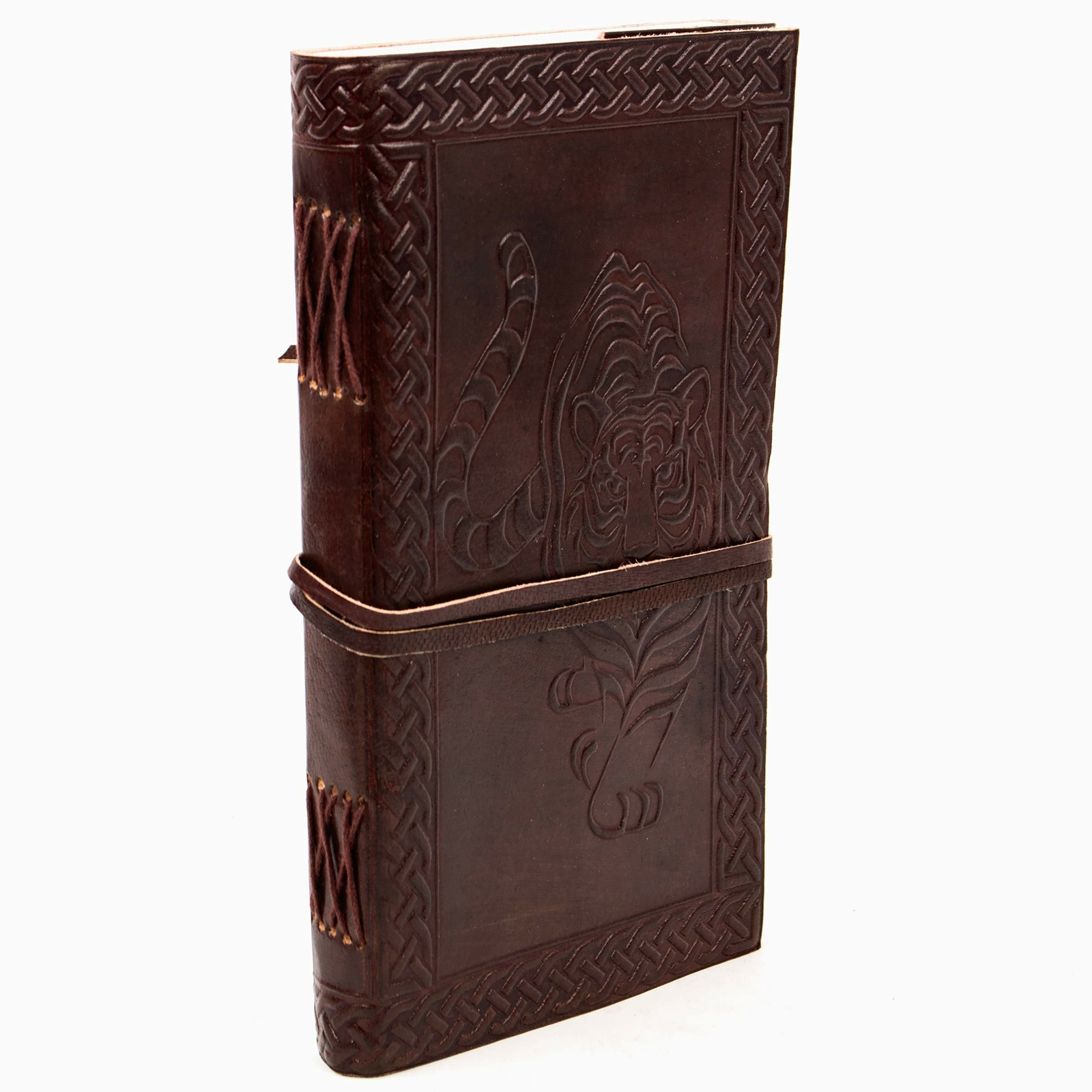 Leather Journal Tiger Cover Embossed with Cord Closure Notebook Brown