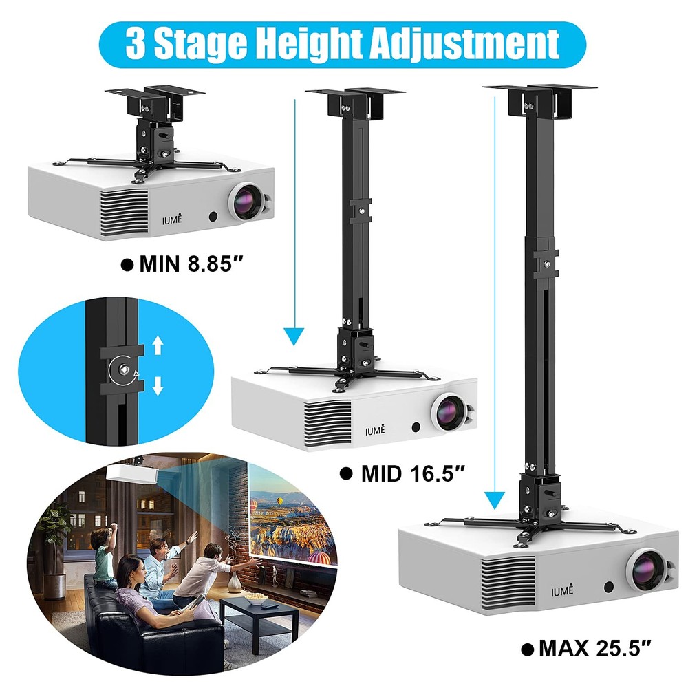 White Projector Mount, Extending Wall Ceiling, Height Adjustable, 44 lbs Load