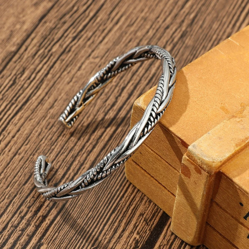 Solid 925 Sterling Silver Men’s Viking Bangle Bracelet Adjustable & Gift Bag