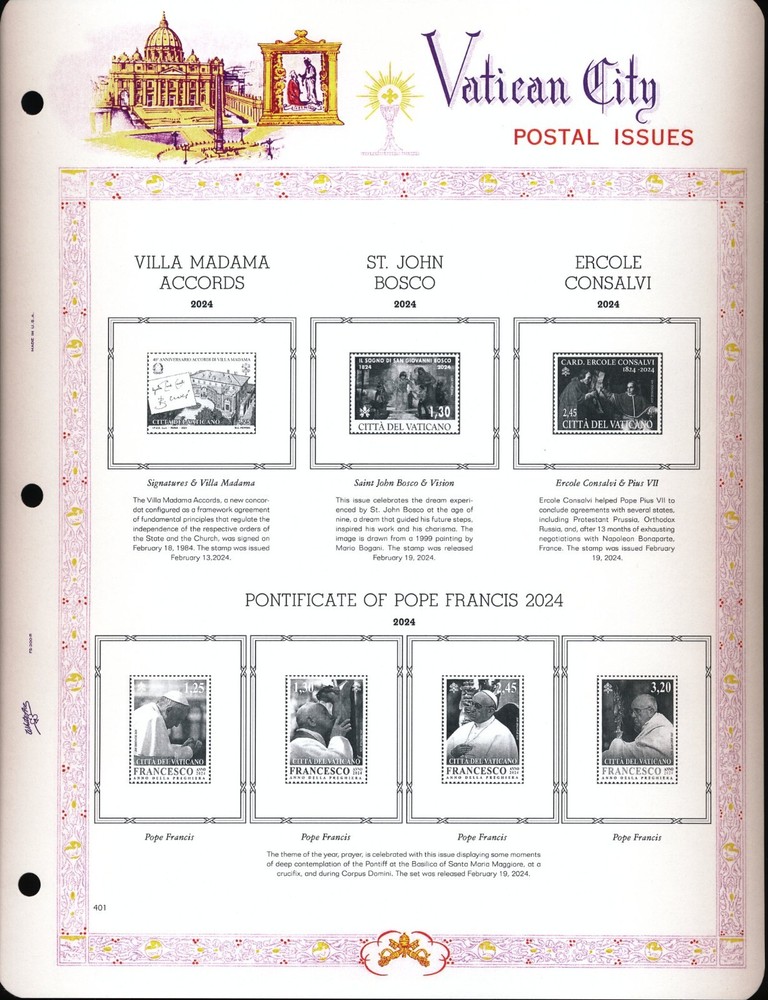 WHITE ACE 2024 Vatican City Singles Album Supplement V-75 for Stamps NEW!