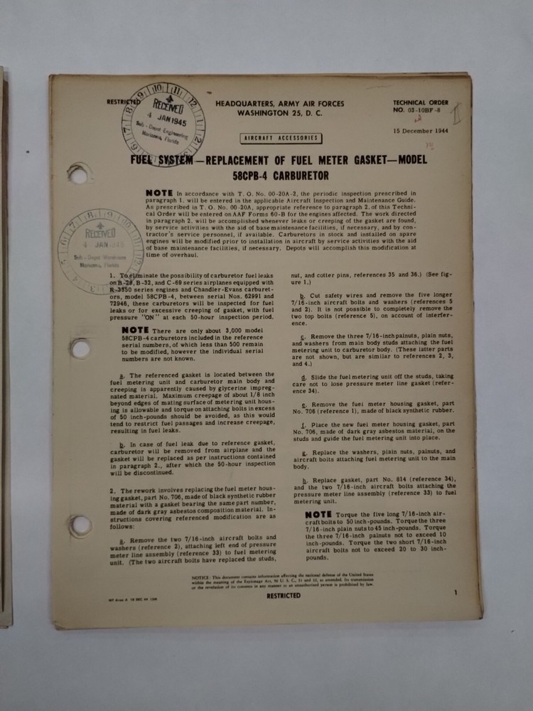 Chandler-Evans Model 58CPB-4 Carburetors Technical Orders-Original