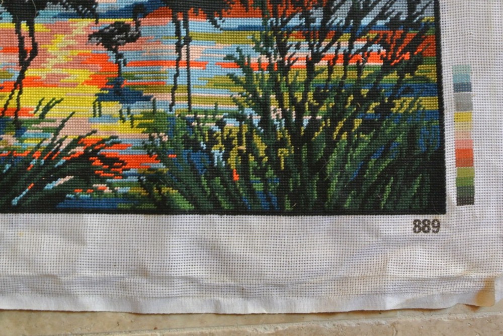 Flamingos in Sunset Completed Needlepoint Vintage