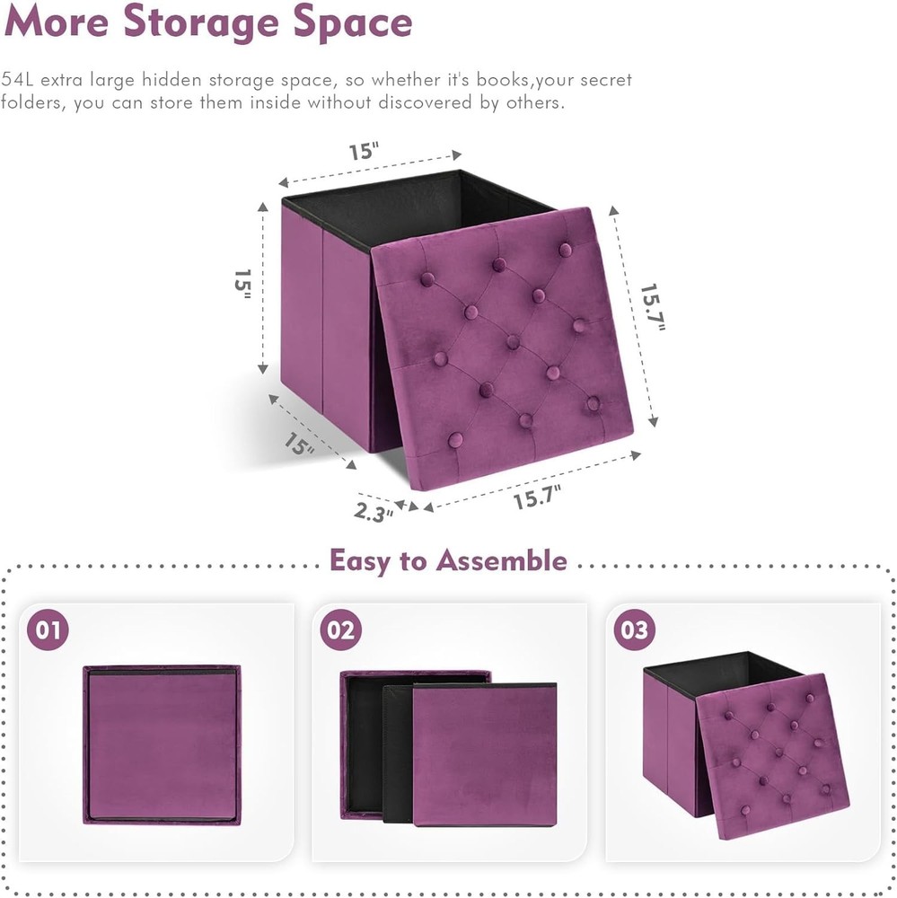 Elegant Purple Velvet Ottoman Cube - Multi-Functional Folding Storage Solution
