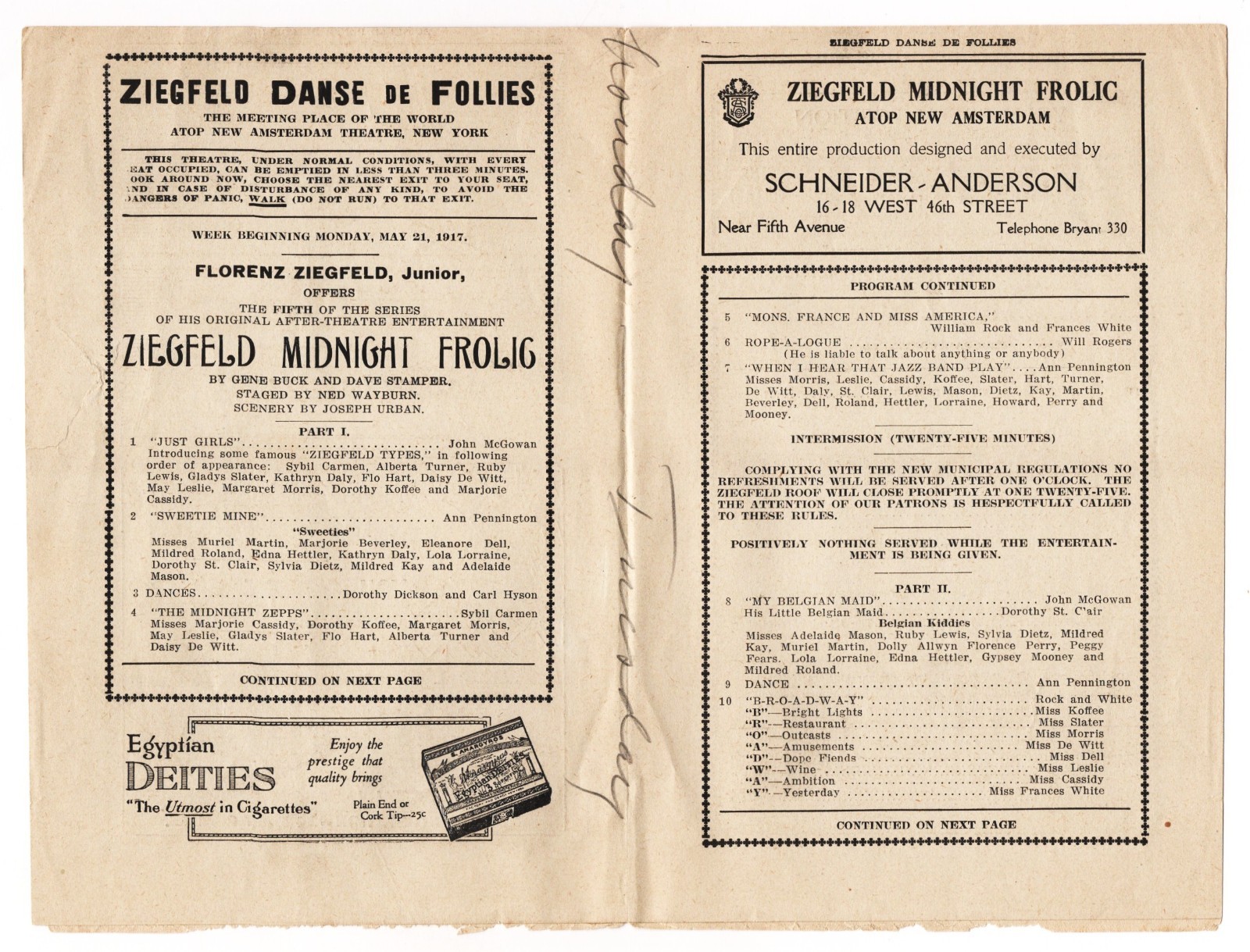 Will Rogers "ZIEGFELD MIDNIGHT FROLIC" Frances White / Peggy Fears 1917 Program