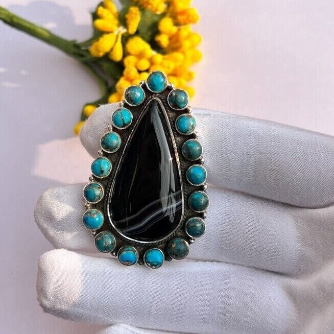 Turquoise with Agate Ring 925 Silver Ring Handmade Statement Multi Stones Ring