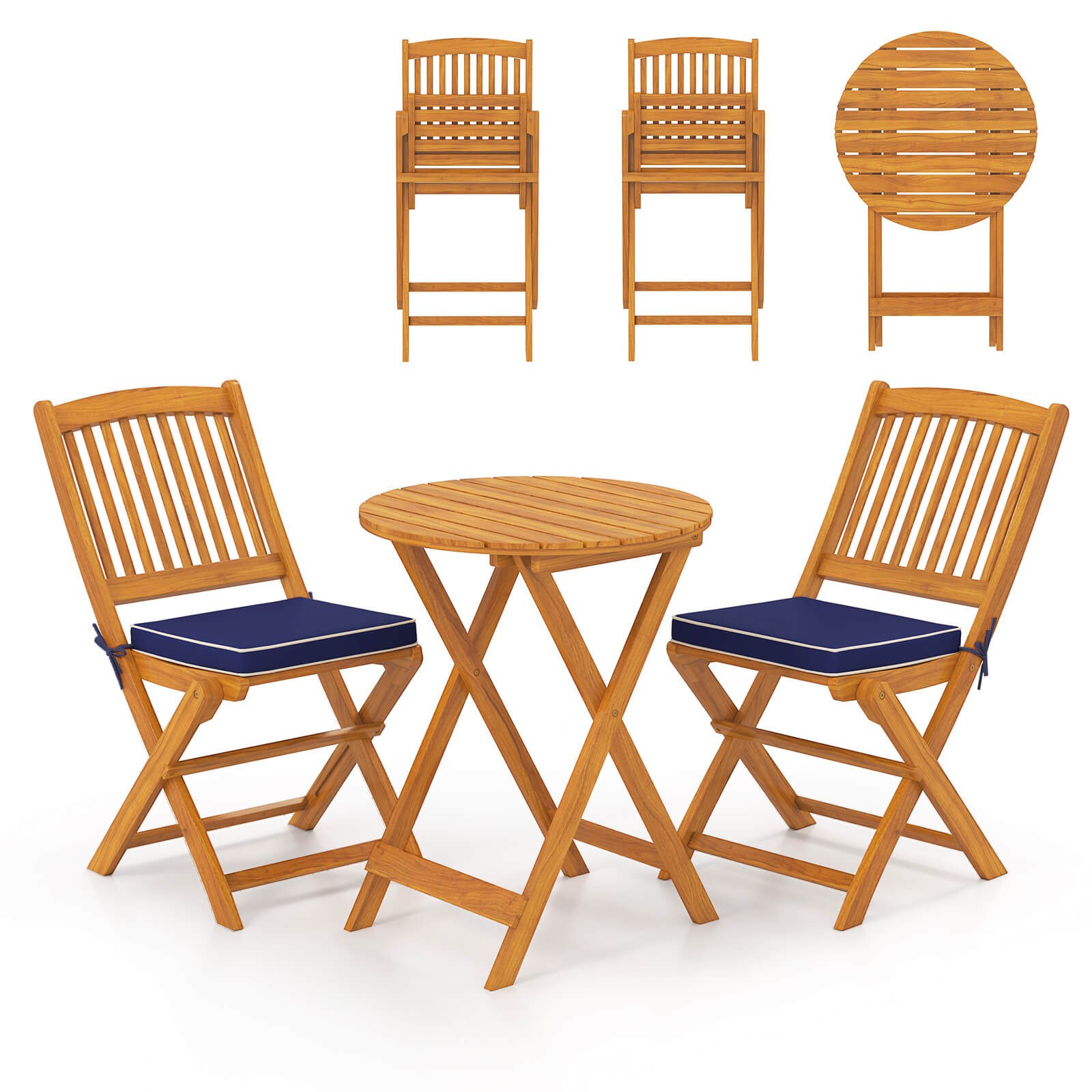 3 Pieces Acacia Wood Patio Bistro Set Folding Table & Chairs Set w/ Cushions