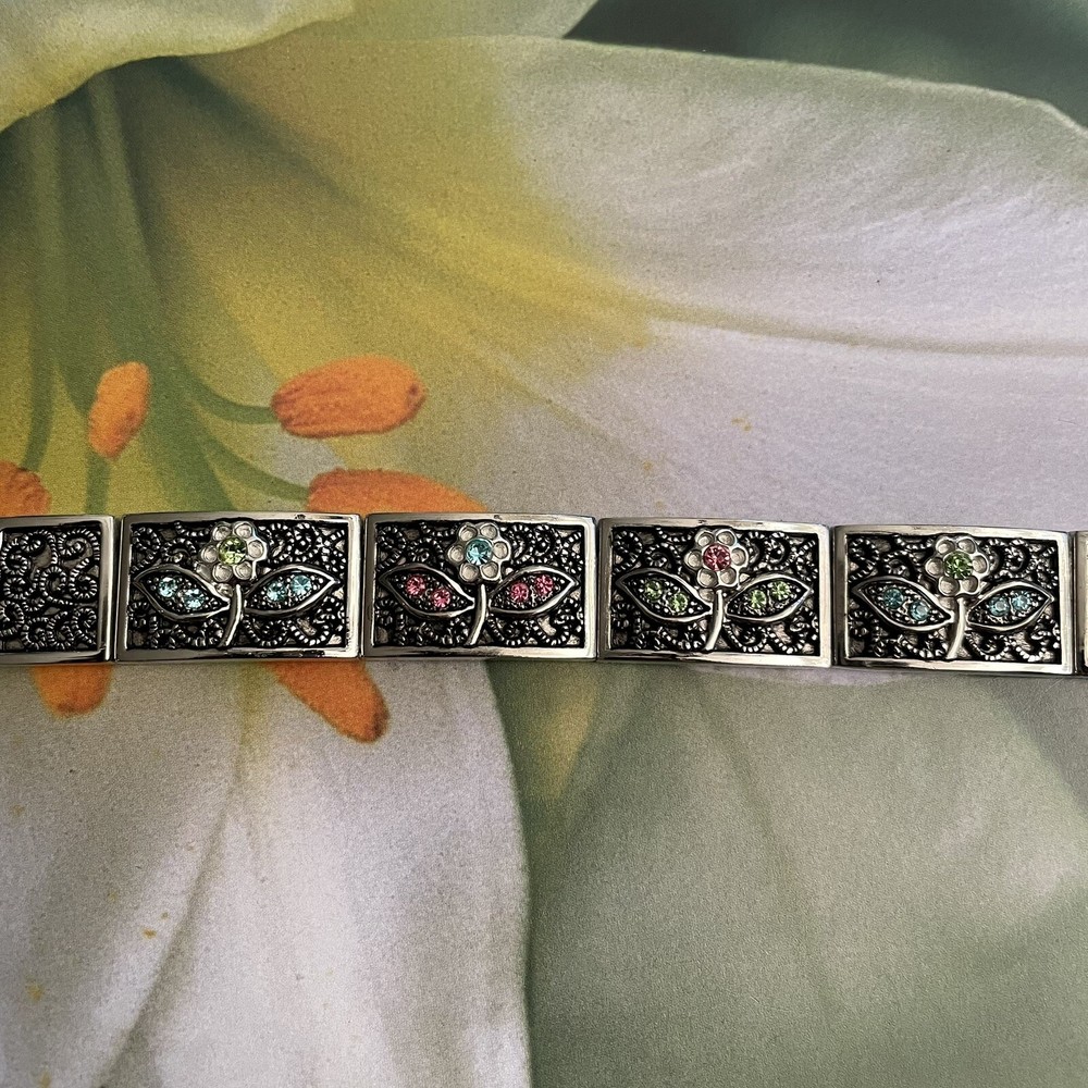 Rectangle Panel Filigree Floral Multicoloured Crystal Statement Bracelet 7”-7.5”