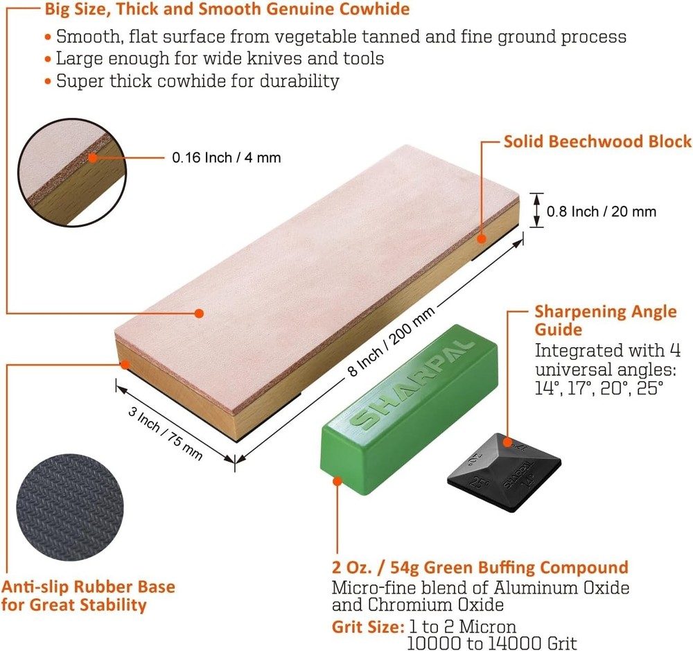 Knife Stropping Block – Genuine Leather Strop with Angle Guide & Safety Features
