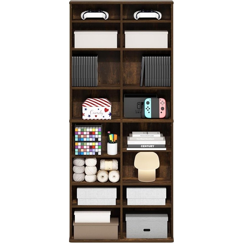 Wood Media Storage Rack Adjustable DVD CD Organizer Easy Assembly Space Saving
