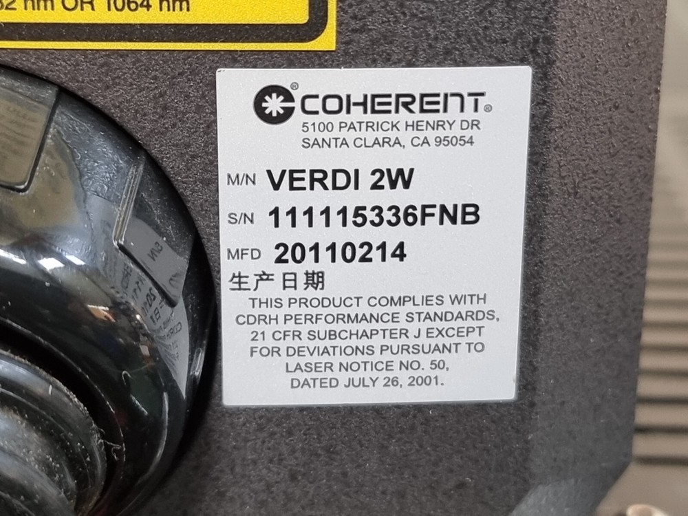 Used COHERENT VERDI-2W Verdi 2W Solid State Diode Laser