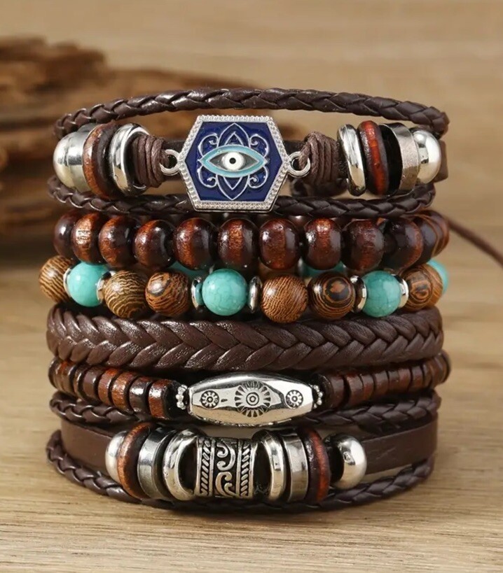 6 PC Leather Punk Bracelet Stackable Adjustable Tie New Free Ship B2852