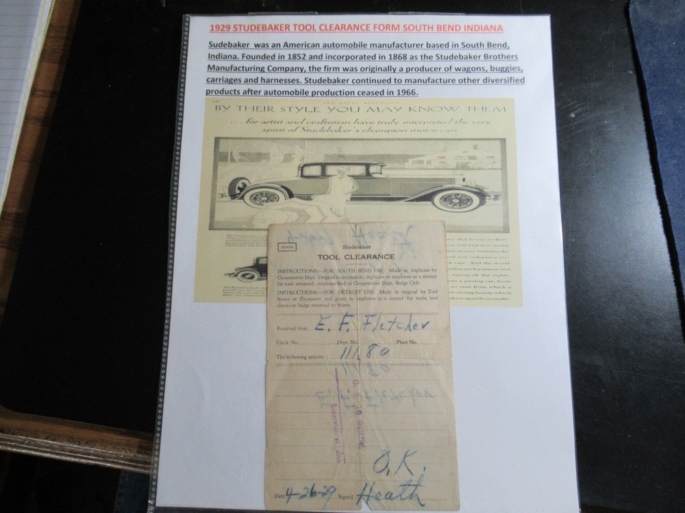 1929 STUDEBAKER TOOL CLEARANCE FORM