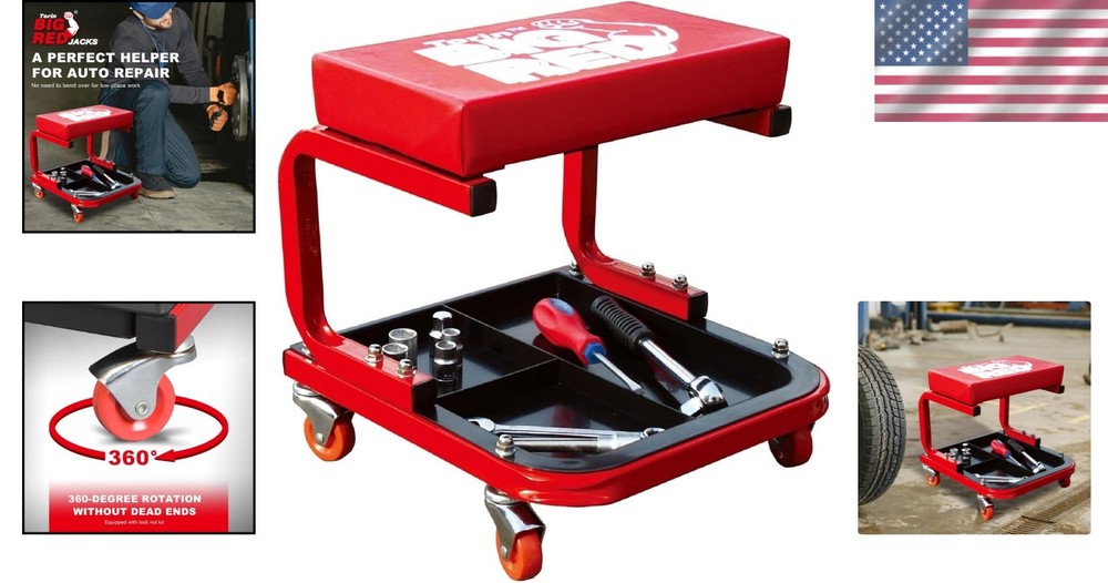 Comfortable Red Rolling Garage Stool: 250 lbs Capacity with Tool Storage Tray