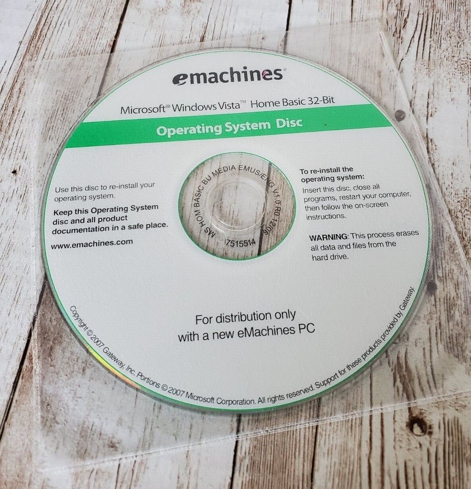 2007 eMachines Operating System Disc Microsoft Windows Vista Home Basic 32-Bit