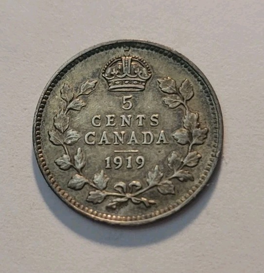 1919 Canada Silver 5 Cents Coin