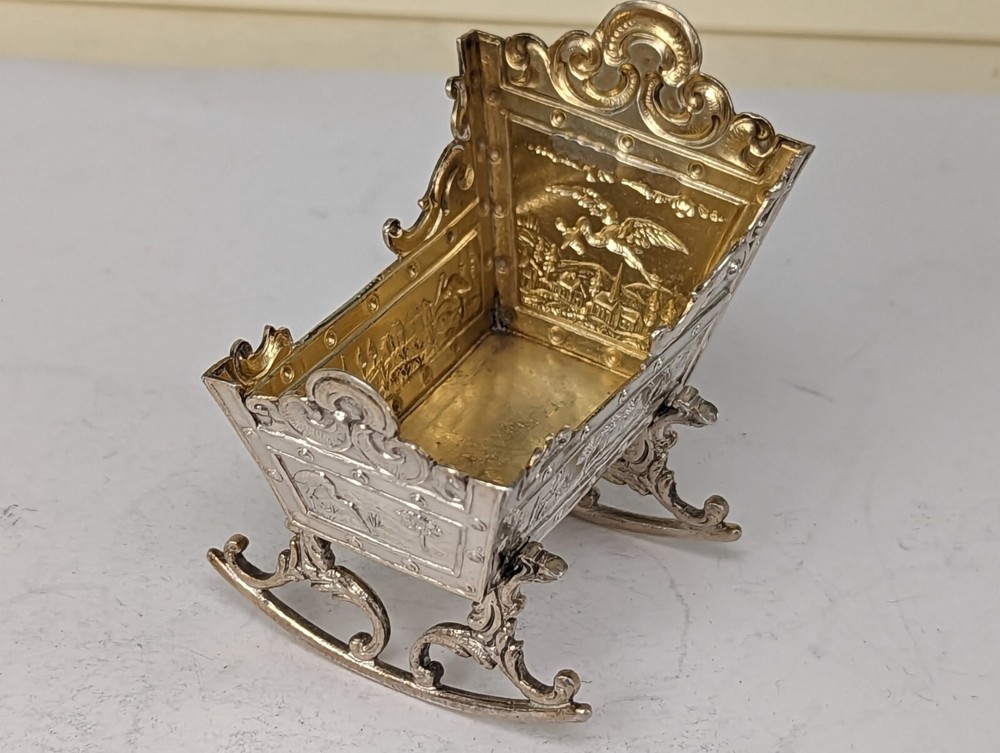 1899 Victorian baby’s Solid silver miniature cradle with gold guilded interior
