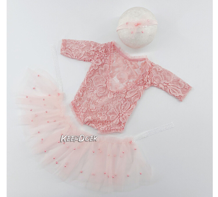 Newborn Baby Girl Lace Pearl Dress Skirt Headband Photography Props Photo Shoot