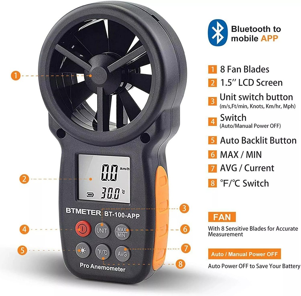 Portable Bluetooth LCD Wind Speed Meter Digital Anemometer 30m/s