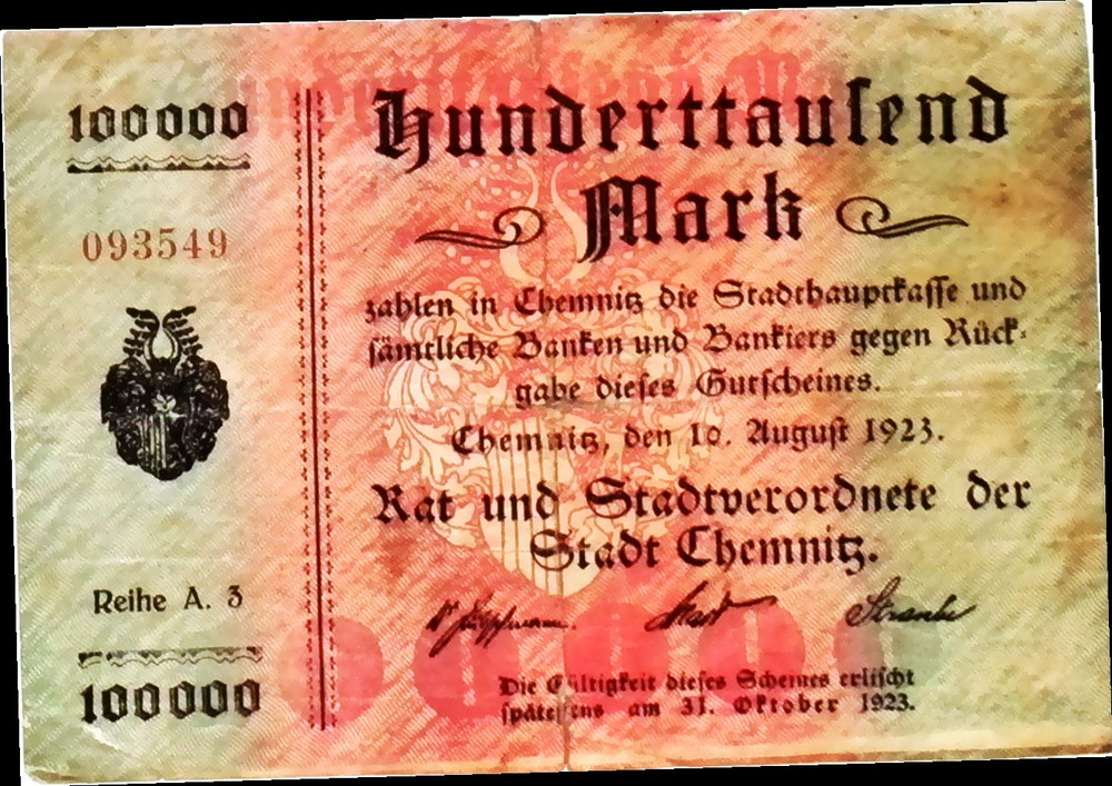 1923 Germany CHEMNITZ  100.000 Mark Banknote