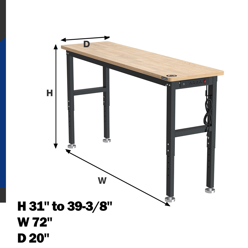 WORKPRO 72" Workbench Adjustable Garage Work Table Power Outlets 3000LBS Load