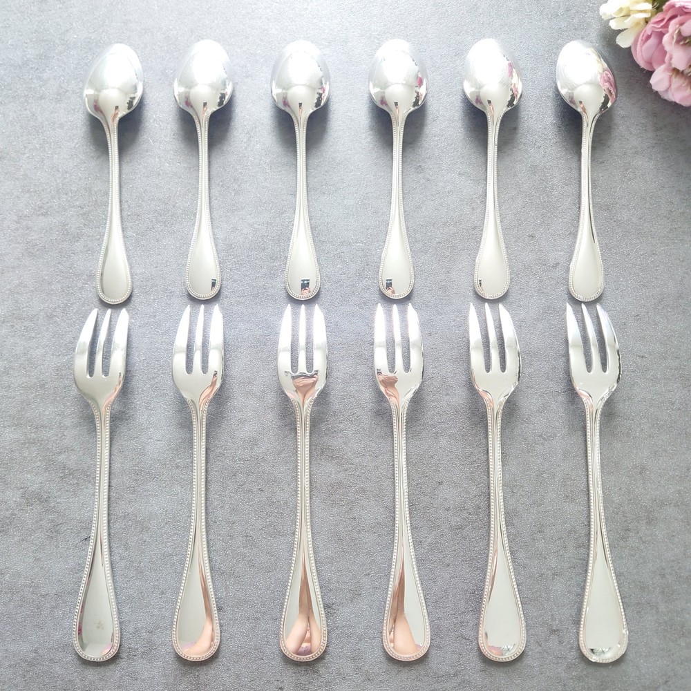 Christofle Perles 12pcs Silverplate Flatware Cake Fork Coffee Spoon Excellent