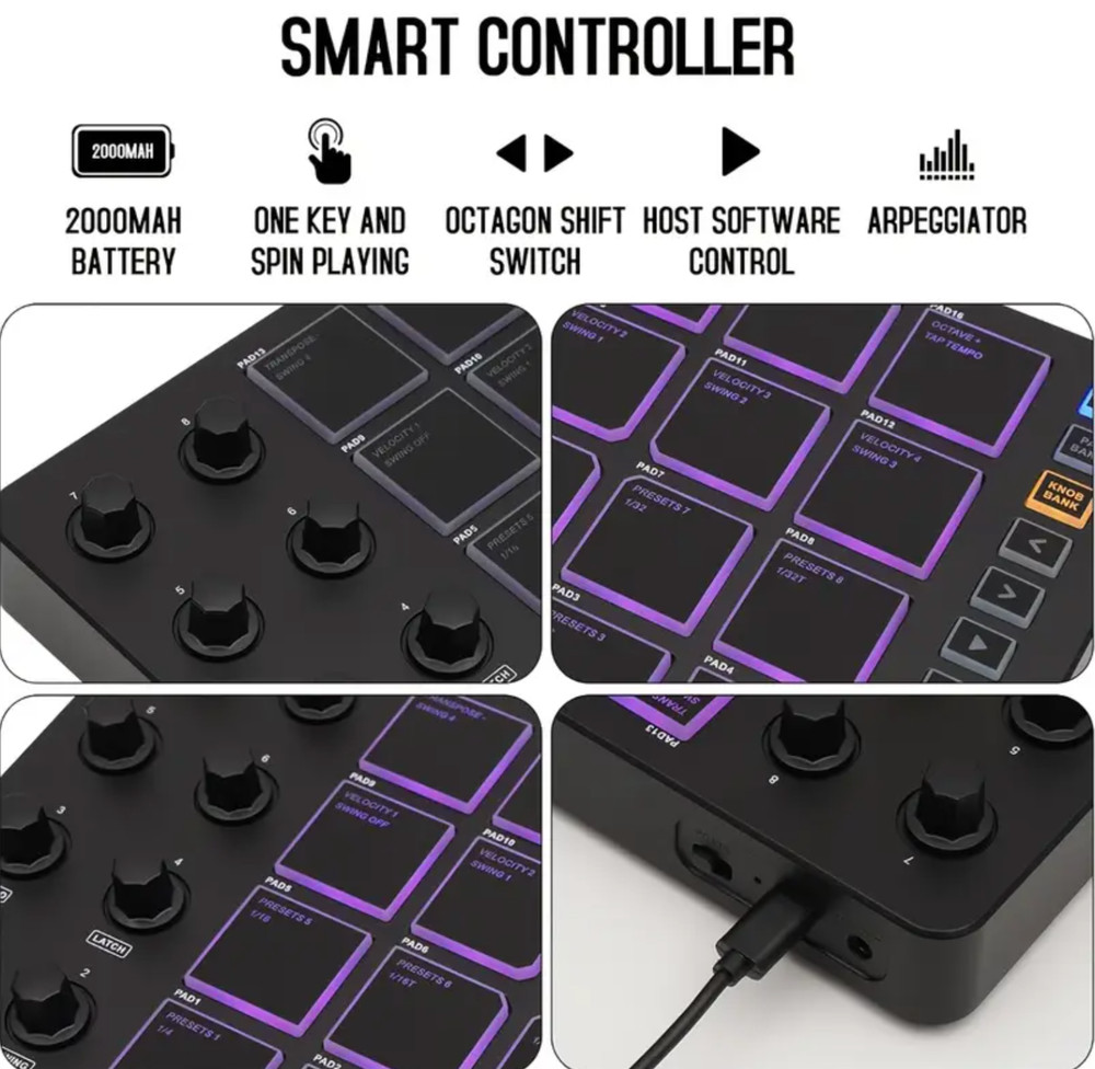 M-VAVE SMC-PAD Wireless MIDI Controller Suitable MINI Percussion USB-C Keyboard