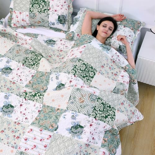 Romantic Patchwork Quilt Set King Size,Reversible Bedspread King 102x90 Green