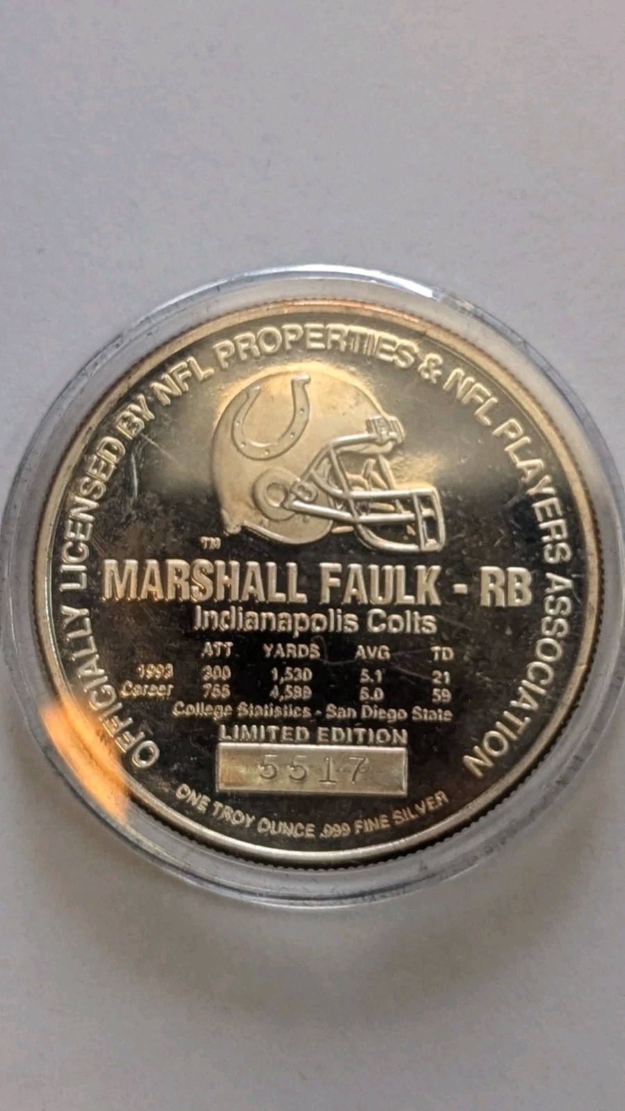 NFL Indy Colts Marshall Faulk RB Football 999 Silver 1 Oz Ounce Art Round Toner