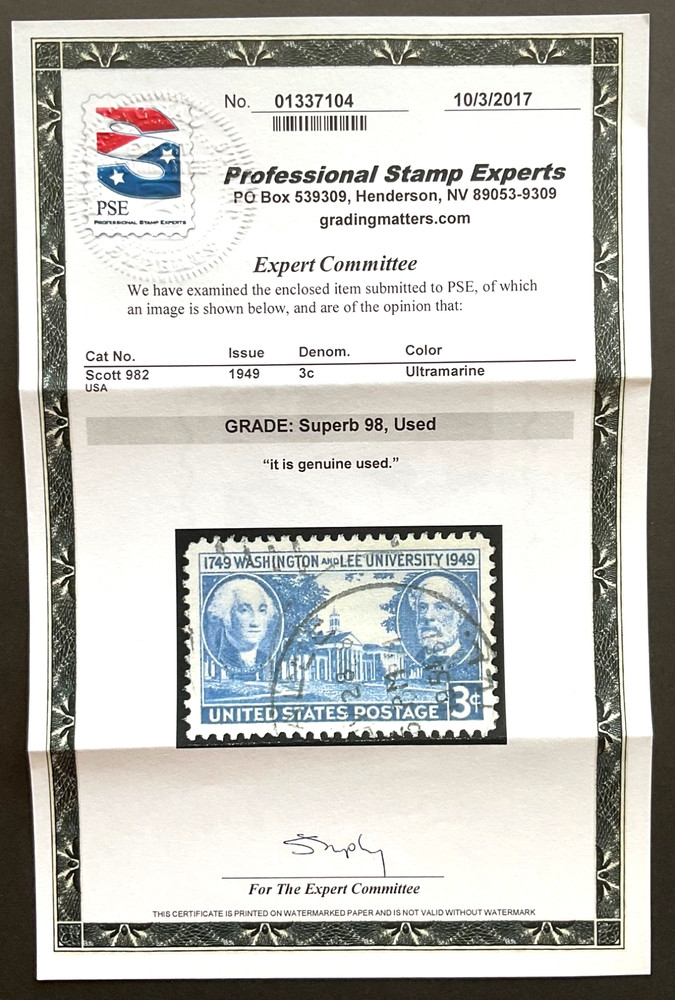#982 Used, PSE Graded 98, PSE Cert # 01337104