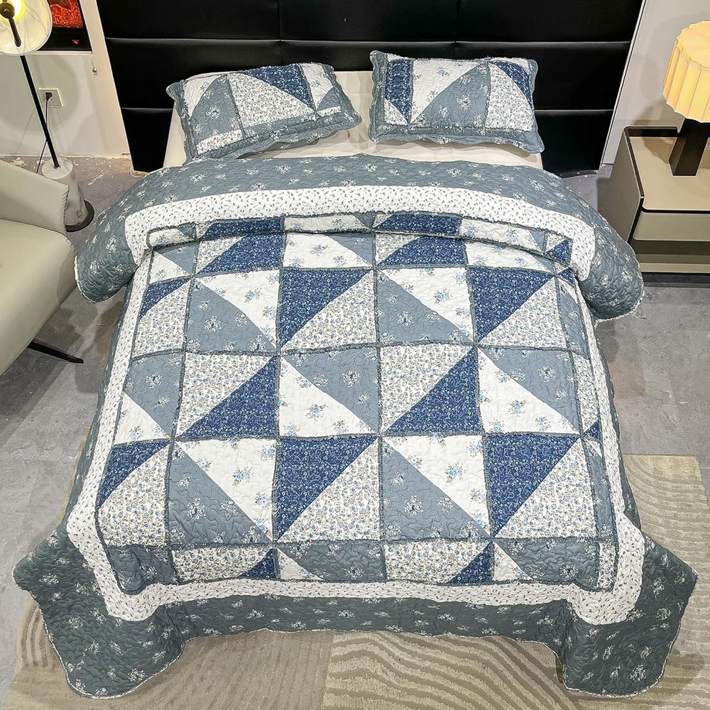 Full Queen Size Patchwork Quilt Set Grey Floral Reversible Size,