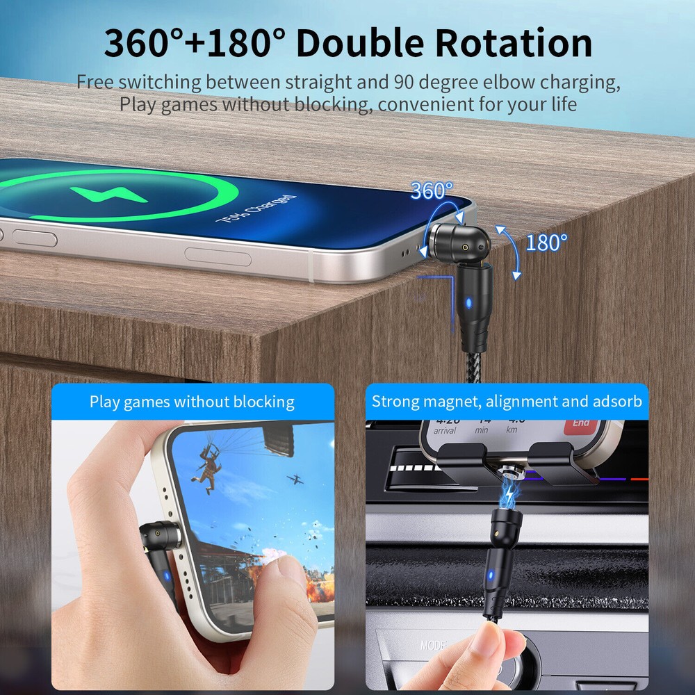 540 Rotate Magnetic Cable PD 60W USB C to Type C Micro USB Data Sync Fast Charge