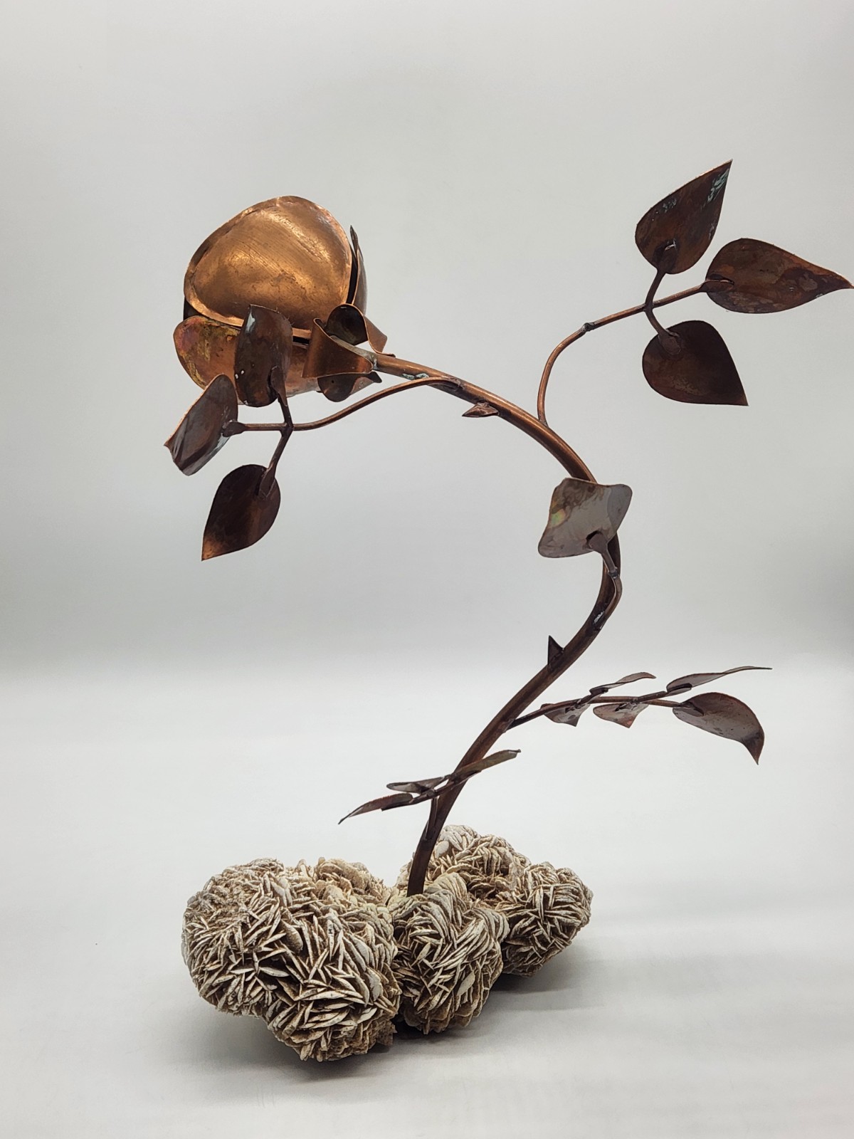 Copper Rose Sculpture w/Desert Sand Rose Crystal ~ 13" H x 10" L x9" W