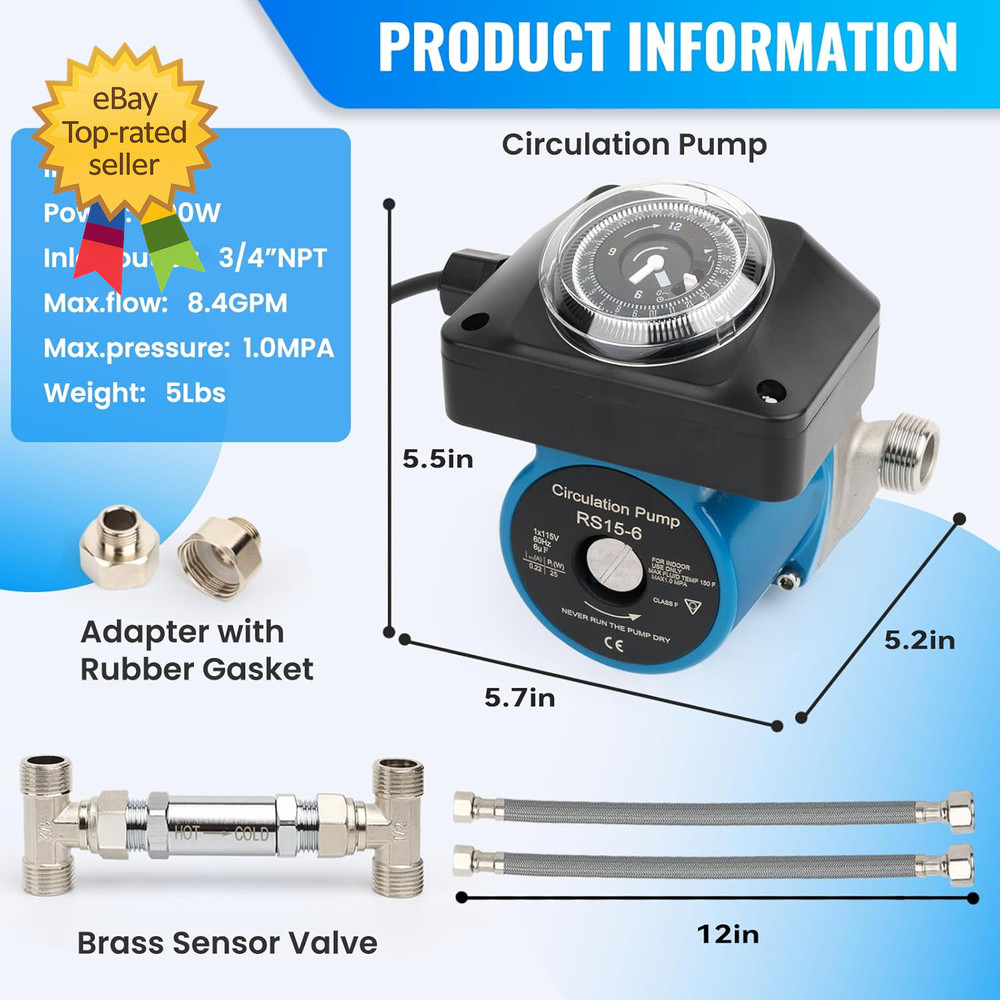 Hot Water Recirculating Pump Recirculation System 25 Watts Programmable Timer