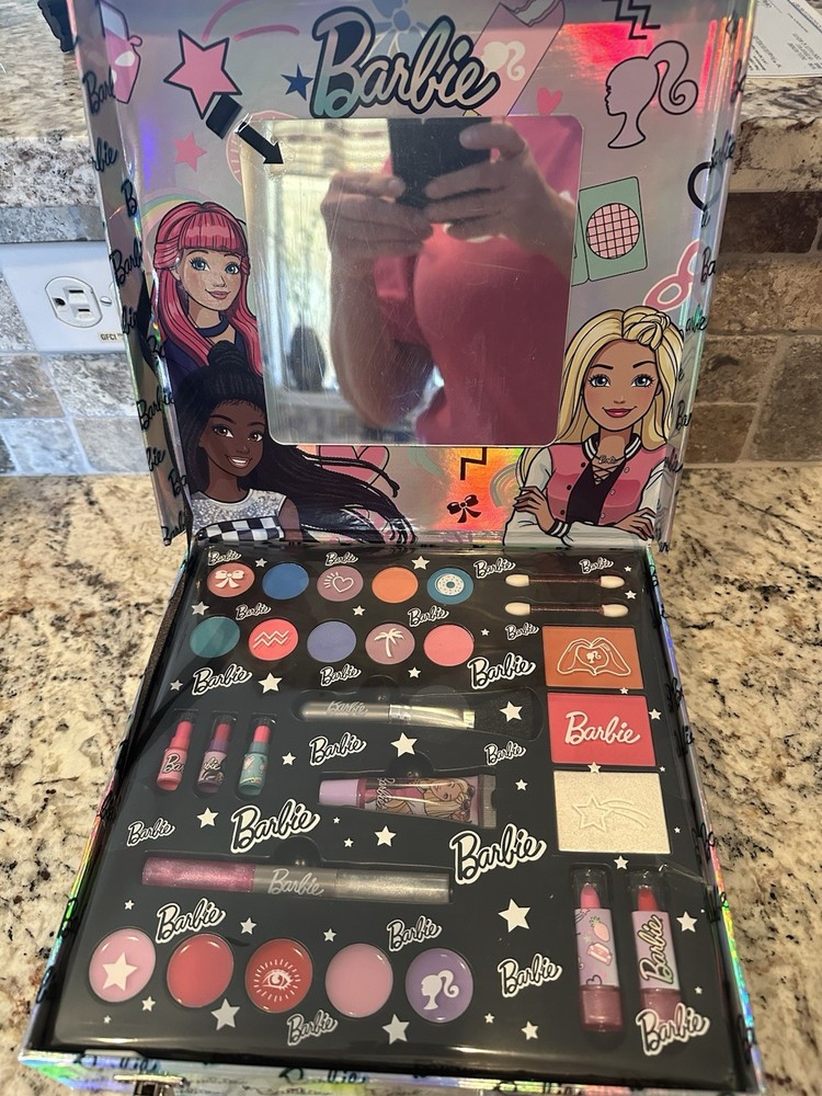 NIB Barbie Train Case Iridescent Large Makeup Set-