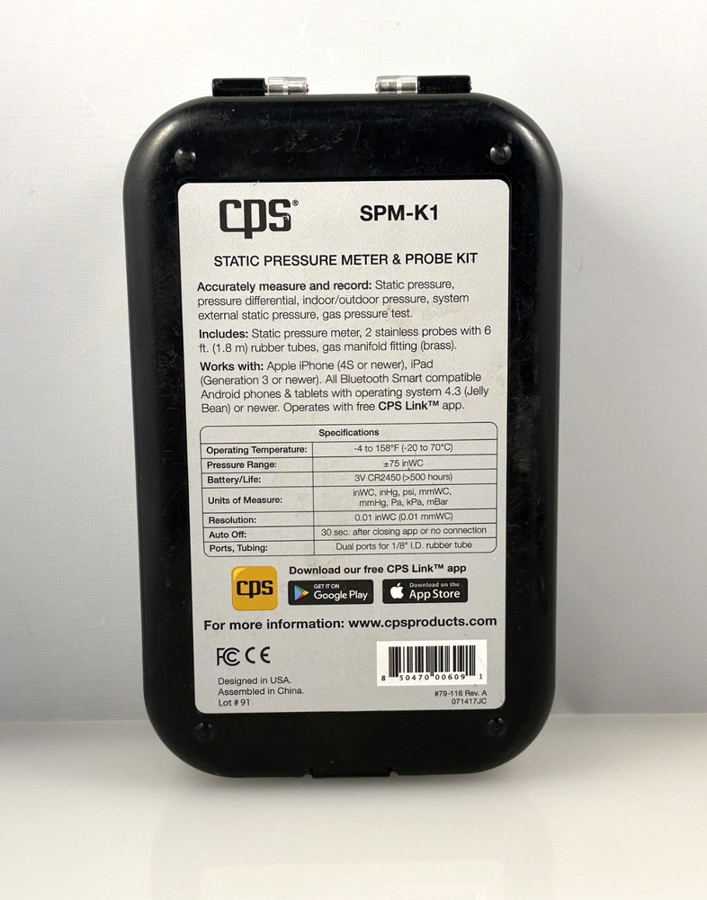 CPS Products SPM-K1 Static Pressure Meter & Probe Kit (BLACK)