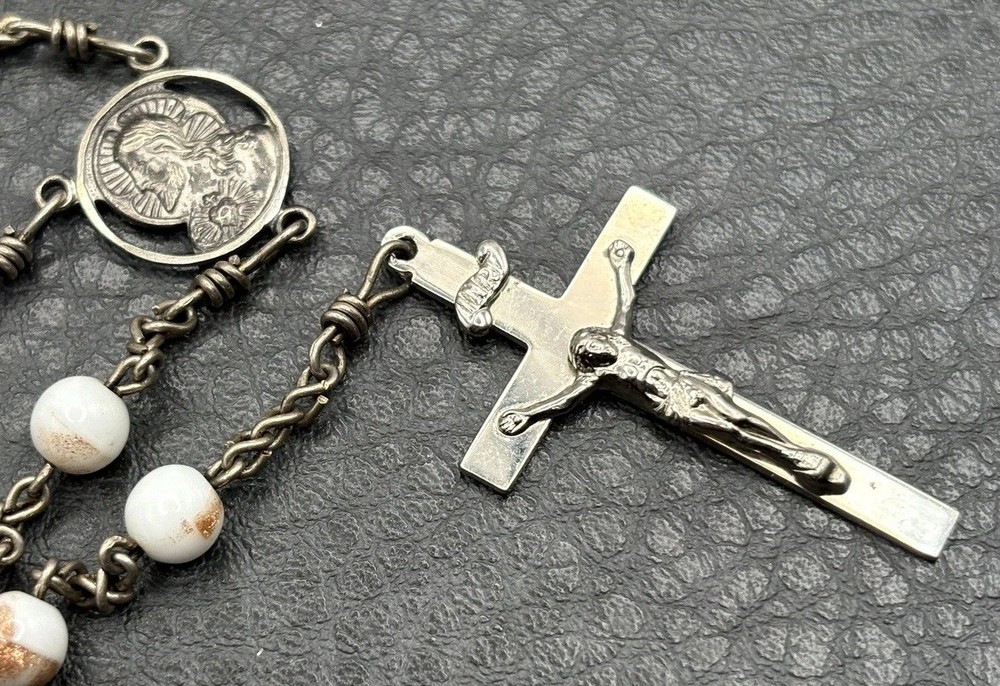 VTG AF Co Sterling Silver White Glitter Glass Catholic Rosary Beads Crucifix