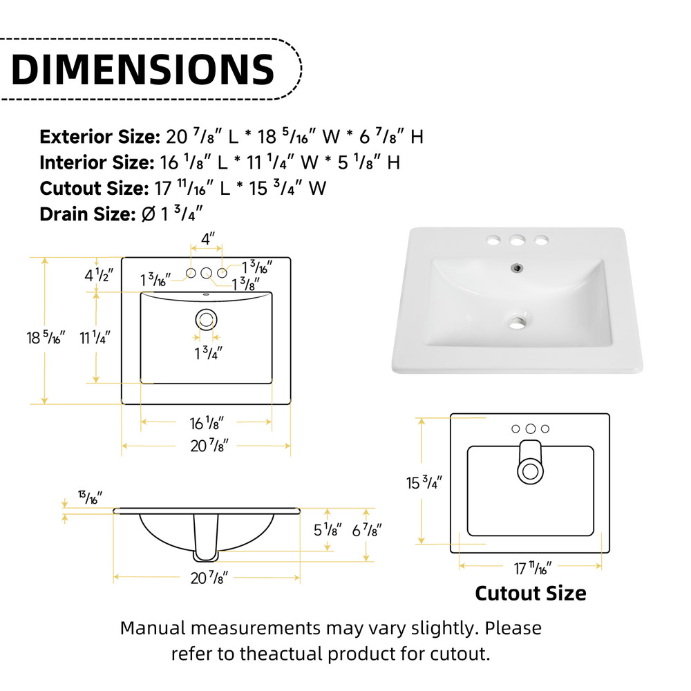 21"x18" White Drop-In Bathroom Sink Ceramic Rectangular 4" Centerset Faucet Hole