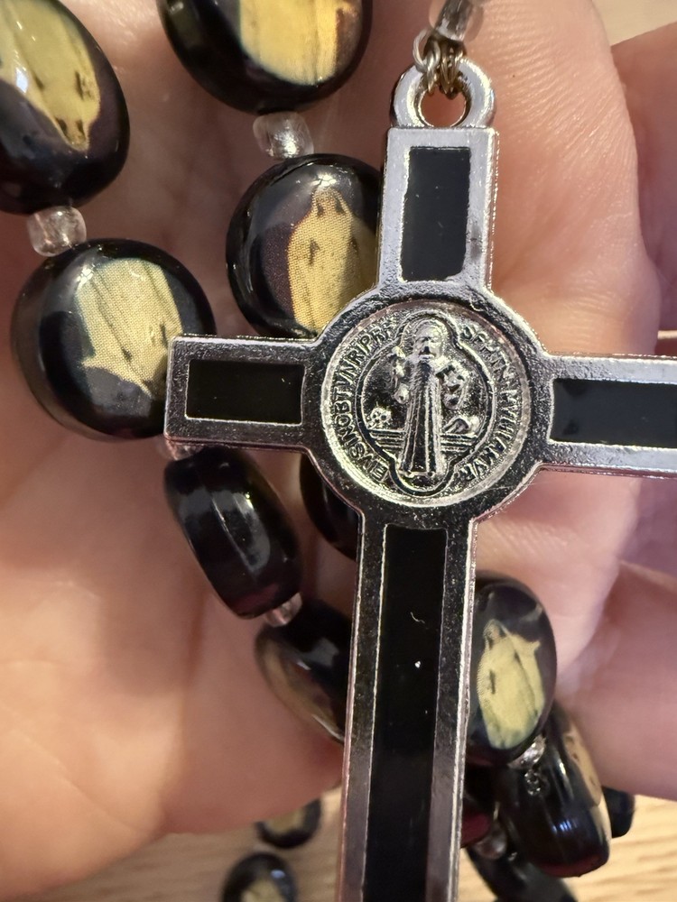 Black Glass Rosary With Imagery Beaded