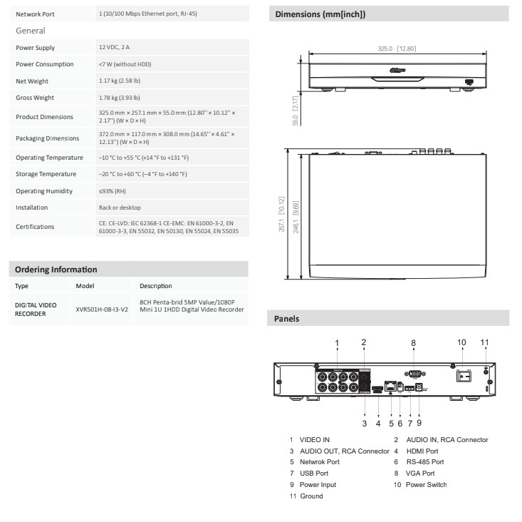 XVR501H-08-I3-V2 8CH 4MP CVI/AHD/TVI/CVBS+4CH IP 6MP Max 12CH 1080P HDMI DVR