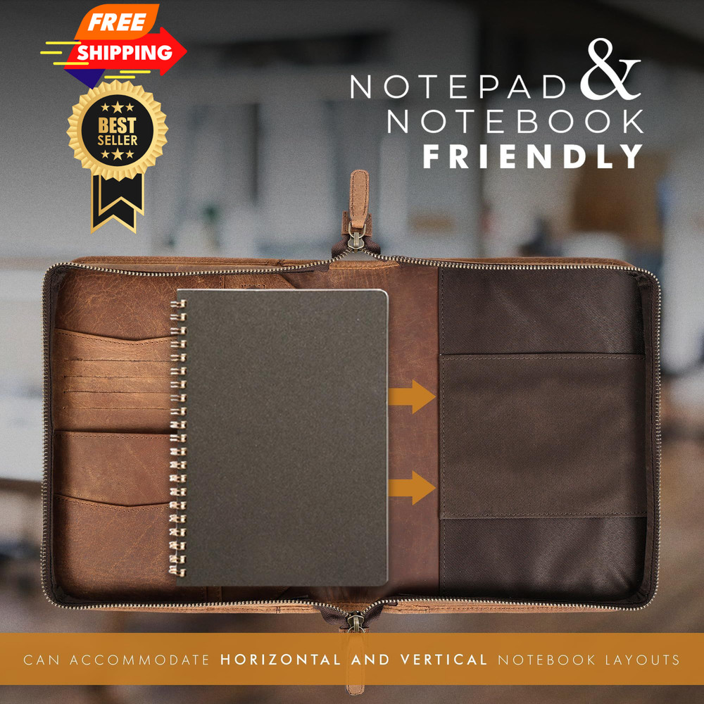 ELIZO Leather A5 Portfolio Padfolio Folio Notebook Journal A5, Saddle