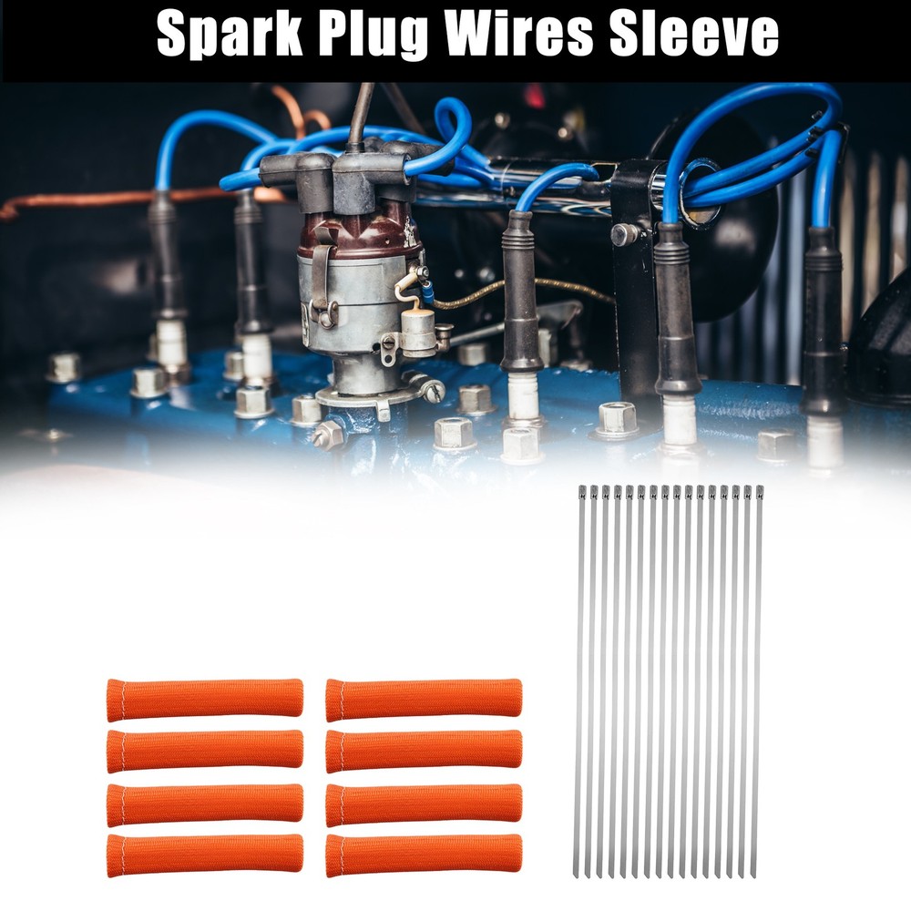 1 Set Car Engine Spark Plug Wire Boots Protector Sleeve w/ Cable Ties Orange