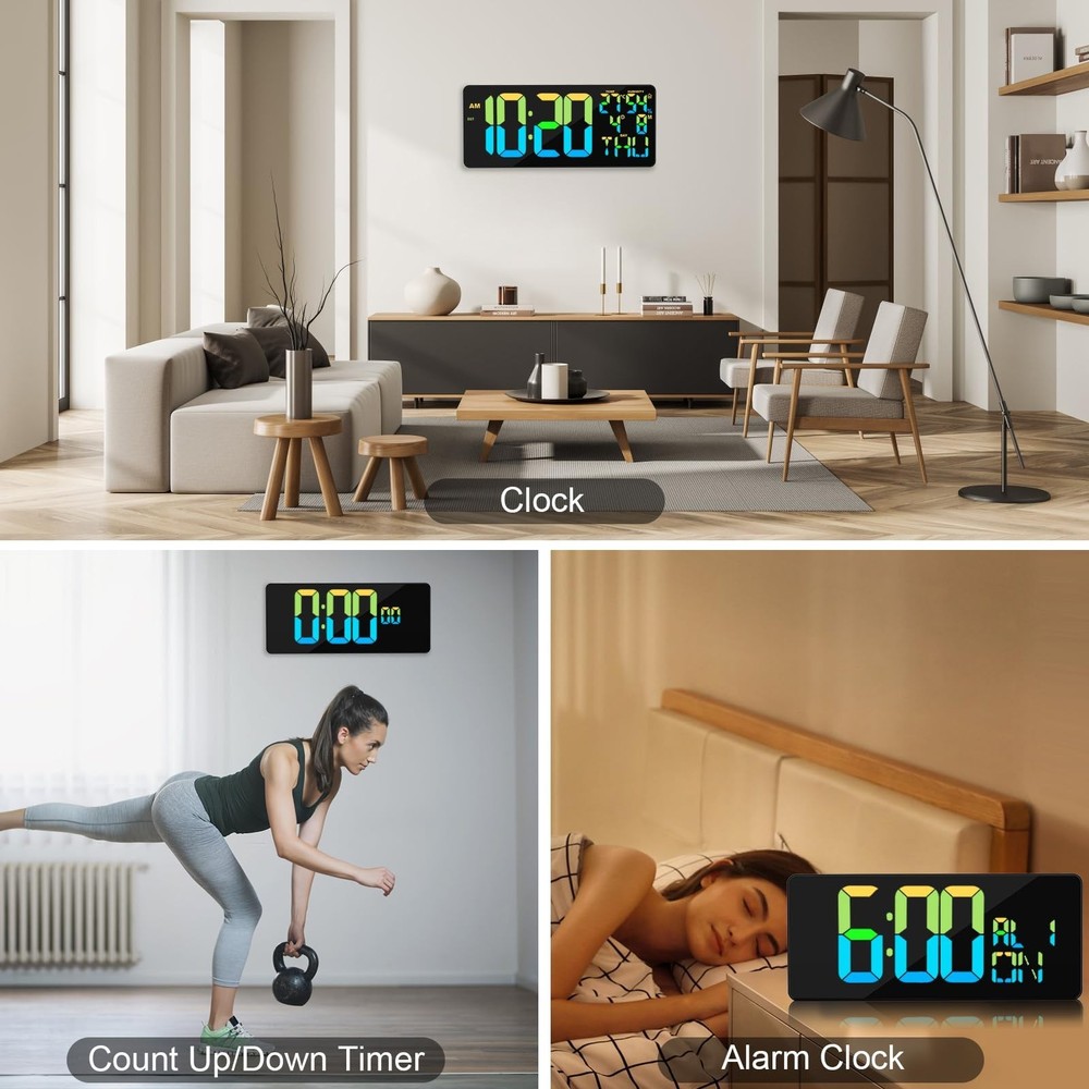 11 RGB Color Changes Large Digital Wall Clock/Bluetooth Auto Time Sync, Remot...